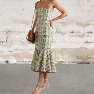 RHODE Paola Floral-print Linen-blend Midi Dress In Green Size 4